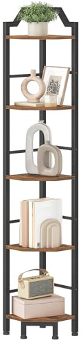 HOOBRO Scaffale Angolare a 5 Ripiani, Libreria Verticale da Angolo, Libreria Scaffale per Soggiorno, Camera da Letto, Studio, Cucina, Marrone Vintage e Nero EBF100CJ01