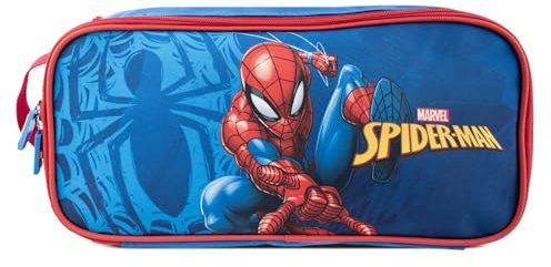 Hy-Pro Bolsa para botas de Spiderman con licencia oficial, con tirador de cremallera y gráfico frontal para almacenamiento de kits deportivos, bolsa de zapatos azul y roja con diseño de eslinga de red