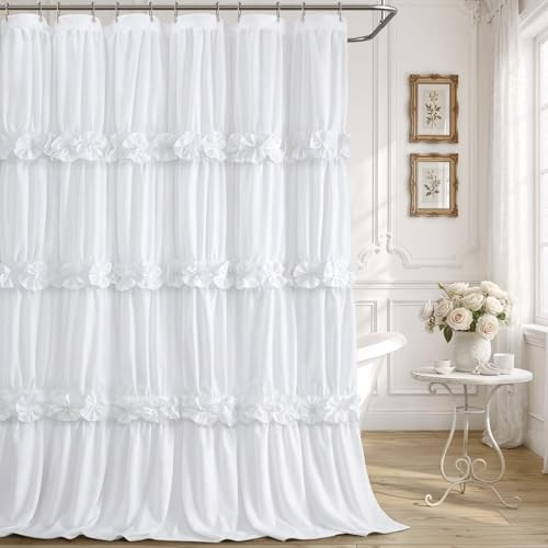 XOGUIBO White Ruffle Shower Curtain with Handmade Bow Tie, Linen Vintage Farmhouse Shower Curtain for Bathroom, 72 W x 90 H