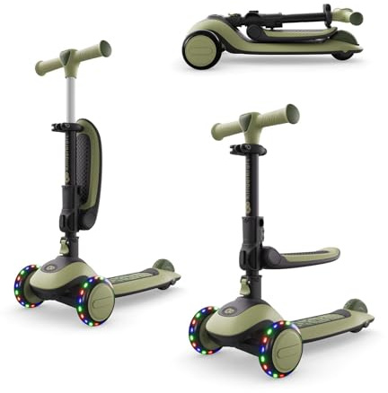 Kinderkraft Halley 2 Balance-Scooter 2-in-1, Sitz höhenverstellbar (25-33 cm), 4-Fach Verstellbarer Lenker, LED-Räder, klappbar, ab 18 Monate, rutschfeste Trittflächen, Grün