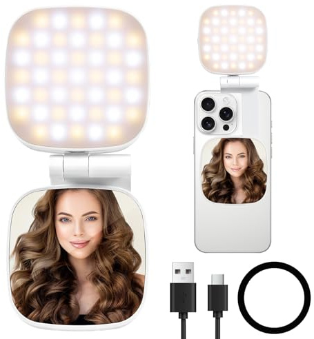 Fizzyo Magnética Luz Selfie Compatible con MagSafe iPhone, 3 en 1 Aro Relleno LED Plegable Foco Movil, 360° CRI95+ Luz del Teléfono con Soporte/Espejo, para iPhone/Android, Selfies, Videoconferencias