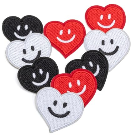 LARENNT 9 Stück Smiley-Herz Patches zum Aufbügeln (Rot, Weiß, Schwarz) | 4,1x3,8 cm Flicken zum Aufbügeln - Herz Bügelflicken Kinder Für Jeans, Kleidung, Jacken, T-Shirts, Rucksäcke, DIY Dekoration