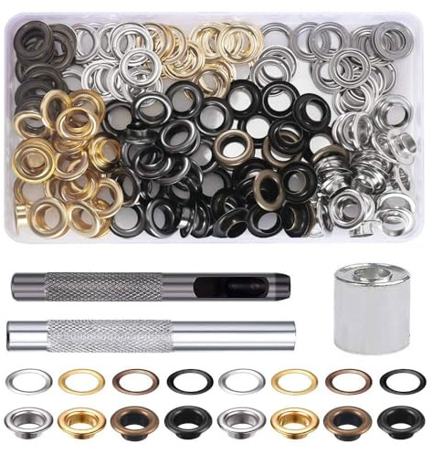 CxutSa 200pcs Eyelet Punch Kit 10mm Grommet Kit Metal Grommets Eyelets and Punch Tarpaulin Repair Kit with 3 Grommet Setting Tool and Box for Fabric Leather Canvas Bags Shoes Clothes Belt Crafts