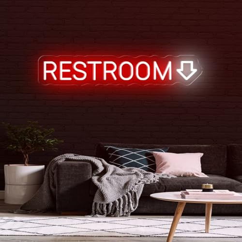 Restroom Neon Lights Signs Large, USB Dimmable Restroom Signs, Restroom Neon Lights Sign for Wall, Neon Restroom Sign with Arrow for Shopping Mall, Toilet, Game Room, Office Building, 21x3.84, Down