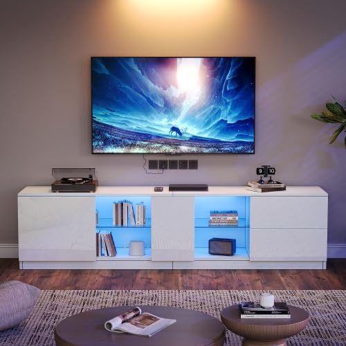 Merax LED TV-Ständer, Weißes Lowboard mit 16-Farbiger LED-Beleuchtung, TV-Schrank für bis zu 65 Zoll Fernseher, Hochglanz MDF, 160 x 40 x 52 cm - Viel Stauraum für Wohnzimmer und Schlafzimmer
