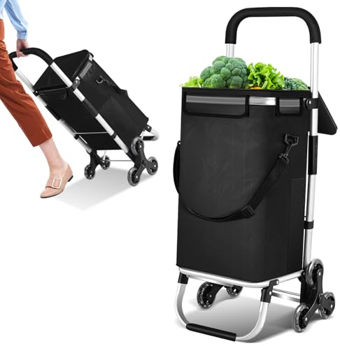 Peviasot Einkaufstrolley Treppensteiger klappbar mit Kühlfach, 40L Volumen & bis 40kg belastbar | Einkaufswagen mit 3-Rad-Treppensystem, faltbarem Rahmen & Abnehmbarer Tasche | Schwarz