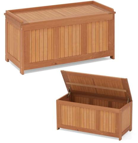COSTWAY Baule da Giardino 220L, 3 in 1 Cassapanca Contenitore in Legno Massello con Coperchio Ribaltabile e Bordi Rialzati, Panca Portaoggetti per Interni e Esterni, 113,5 x 52 x 58,5 cm