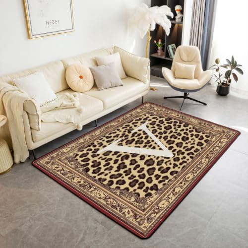 Loussiesd Alfombra de área de leopardo de poliéster de 100 x 150 cm, con textura de piel de animal salvaje, alfombra para sala de estar, alfombra para dormitorio, decoración de letra V inicial