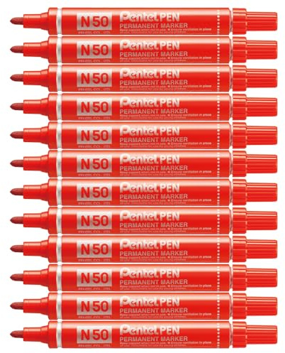 Pentel Pen N50 Lot de 12 Marqueurs permanents pointe conique moyenne, Rouge
