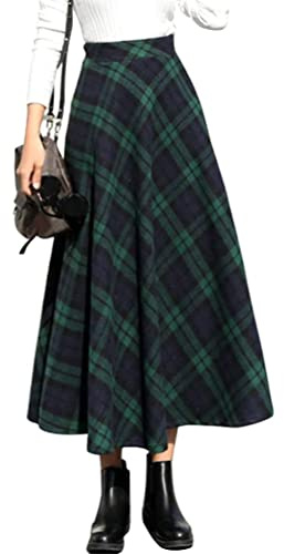 IDEALSANXUN Jupes Longues plissées en Laine à Carreaux Taille élastique pour Femme, Vert Long, Taille S