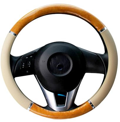 EING Housse de volant en carbone et bois d'acajou, protection de volant universelle, convient pour les quatre saisons, beige acajou