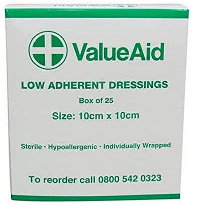 Value Aid Low Adherent Dressing Pads - 10cm x 10cm Hypoallergenic Sterile Wound Care, Non-Stick Surface for Gentle Removal - Individually Wrapped Medical Dressings for Cuts & Grazes (25 Pack)