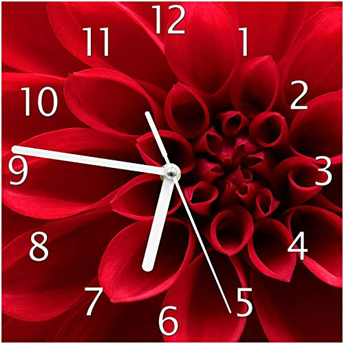 Wallario Design-Wanduhr Rote Dahlienblüte in Nahaufnahme aus Glas, Motiv-Uhr Größe 20 x 20 cm, weiße Zeiger