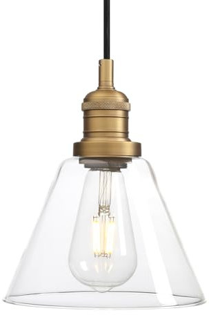 Phansthy Industrial Vintage Pendant Light Funnel Clear Glass Lamp Shade Hanging Light Decorative Lighting Retro Ceiling Light for Living Room Hallway Kitchen Dining Room E27 (Antique Brass)