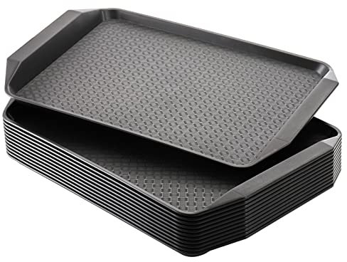 Cedilis 12 Stück Schwarze Fast-Food-Tabletts aus Kunststoff zum Essen, Serviertabletts mit Griffen, rechteckig, rutschfest, Mehrzweck-Kunststofftablett für Restaurant, Partys, Couchtisch, Küche