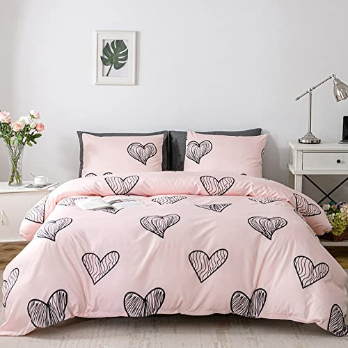 GETIYA Set di biancheria da letto in microfibra con cuori e cartoni animati, 135 x 200 cm, colore rosa chiaro, con cerniera e federa 80 x 80 cm