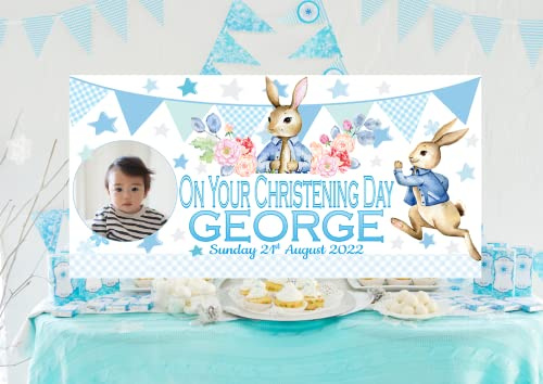 Party Prints 2020 PERSONALISED Peter Rabbit Christening Banner Party Backdrop Baptism Party Decorations Any Name boys girls Blue Pink Welcome Sign (Blue 4x2ft no photo)