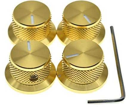 KAISH 4 x Aluminium-Potentiometer-Drehknöpfe, 6,35 mm (1/4 Zoll), universeller Zylinderknopf, Klingelknopf mit Stellschraube für Gitarre/Bass/AMPS/Vorverstärker, Gold mit Indikator