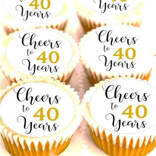 Cheers To 40 Years Cupcake Toppers - PRE CUT - Edible 40th Birthday Anniversary Party Cake Decorations - 4cm x 24 (Edible Wafer)