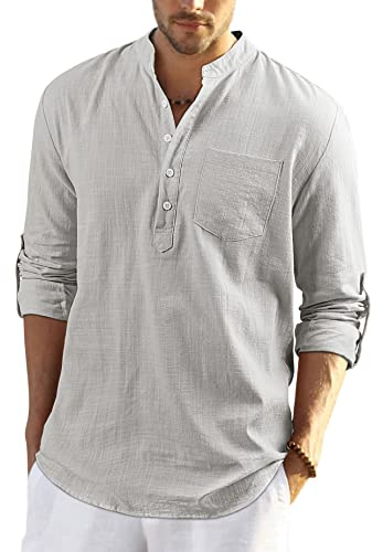 Enlision Hombre Verano Camisa de Lino Camisa Ajustada de Color Liso Camisa con Cuello en V Blusa de Moda con Botones T-Shirt Informal Gris Claro XL