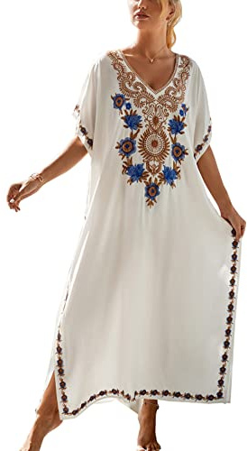 YOUKD Brodé Floral V-Cou Caftan Robe Boho Plage Bikini Cover Up Robe Plus La Taille Loungewear pour Femmes
