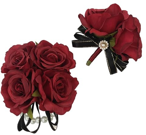 YOKOKE Ansteckblume für Abschlussball und Ansteckblumen, Rosen-Boutonniere und Handgelenk-Ansteckblumen, für Party, Ball, Tanz, Abschlussball, Anzug-Dekorationen (rot)