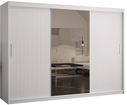 Mirjan24 Kleiderschrank Kirtan Slim II, Schwebetürenschrank mit 2 Kleiderstangen und Spiegel, Schiebetürenschrank mit Zierstreifen für Schlafzimmer, Garderobe (Modell 250, Weiß/Weiß)