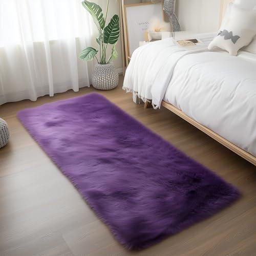 Goolela Rektangulär tvättbar fluffig matta i fårskinn i linne-imitation för vardagsrum sovrum stol soffa sofföverdrag lång lugg 61 x 152 cm lila