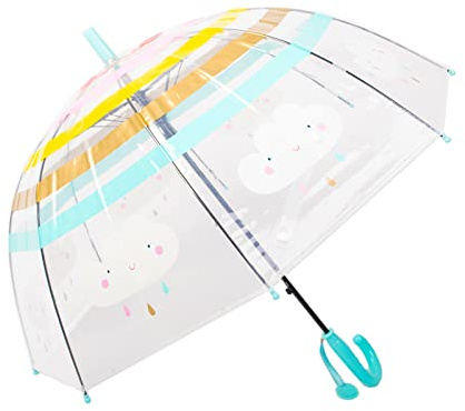 Meichoon Kinder Transparenter Regenschirm Regenbogen gestreift Niedliche Wolken Push-Pull Gerader Griff Bogen Kleiner Rahmen für Jungen und Mädchen im Alter von 3-10 Jahren Blau