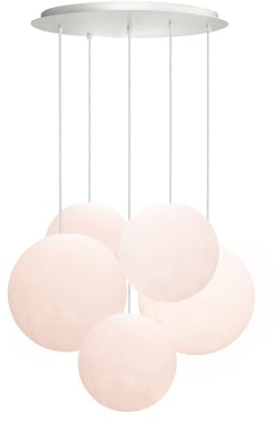 CREATIVECOTTON Fünfstrahlige höhenverstellbare LED Hängelampe mit handgearbeiteten Kugeln aus Baumwolle (White - 5-flammig)