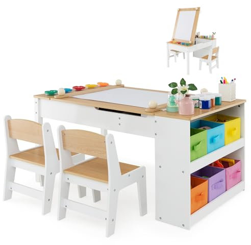 GOPLUS Kinderkunsttisch mit 2 Stuhl & seitliche offene Regal, Kindermöbel Set mit Stauraum & Maltisch, Kindersitzgruppe für Zeichnen & Schreiben, für Kinderzimmer Spielzimmer Kindergarten (Natur)