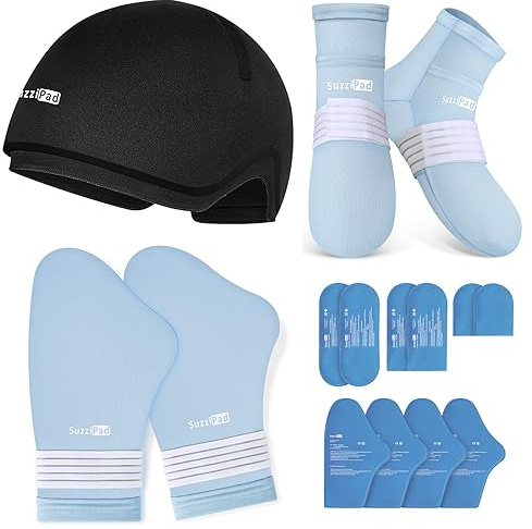 Suzzipad Calcetines de terapia fría y bolsa de hielo para manos, guantes de enfriamiento para quimioterapia, gorras de alivio del estrés, ideales para carpiano, paquete de cuidado de quimioterapia