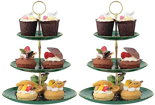HonGien 2 Pack 3-Tier Cake Stand, Cake Display Stand,Afternoon Tea Cake Stand,Fruit Dessert Serving Tray Stands for Birthday,Party,Wedding (Gold Rimmed Model Dark Green)