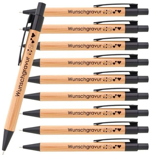 Juwelier Schönschmied 5x Kugelschreiber aus Bambus mit Wunschgravur | Emoji Gravur | Werbekugelschreiber personalisiert | Nachhaltig | blauschreibend | ø11 x 142 mm