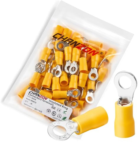 Chanzon Yellow Ring Terminals - #10 M5 - UL Listed Insulated PVC Eyelet Wire Connector 12-10AWG Gauge Electrical Crimp Connector for Boat Truck Stereo Car(50pcs)