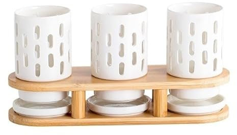 Portautensilios 3 Piezas Soporte for Utensilios de Cerámica con Base de Bambú, Organizador for Utensilios de Cocina for Encimera, Estante for Escurrir Cubiertos for Tenedores, Cucharas, Cuchillos Bote