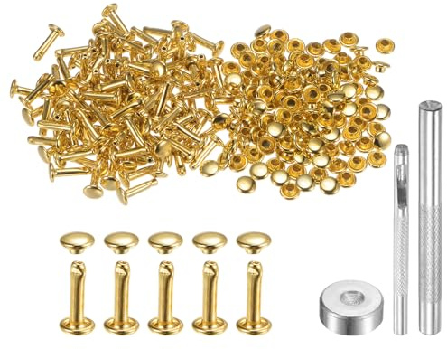 QUARKZMAN 100 Juegos Remaches de Cuero 6mm x 12mm Broches de Metal de Doble Tapa Sujetadores de Remache Con 3 Herramientas de Ajuste para Cuero Manualidades Tono Dorado.