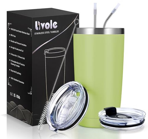 Livole 600ml Thermobecher Kaffee to go, 20oz Isolierter Trinkbecher mit Henkel, Edelstahl Trinkbecher mit Deckel und Strohhalm, Doppelwandig Coffee to go Becher Thermo, Reisebecher, Tumbler, Hellgrün