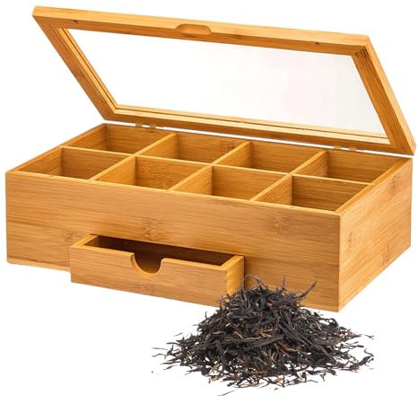 LPAMABA Scatola per Bustine di Tè in Legno 30x20x10 cm Porta Bustine Tè e Tisane Organizzatore di Bustine da Tè con 9 Scomparti Scatola da Tè in Legno Naturale con Coperchio Vetro