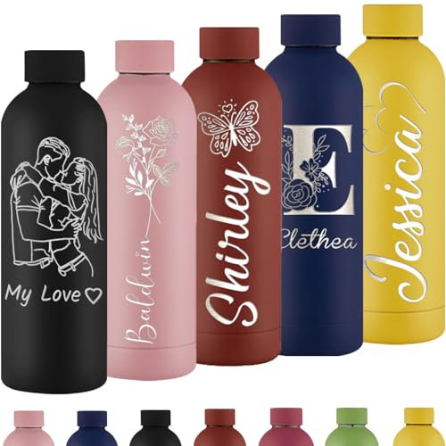 Bouteilles d'eau personnalisées gravées avec photo et logo - Bouteille isotherme en acier inoxydable - Garde au froid et au chaud - Cadeau d'anniversaire pour homme et femme - 7 couleurs