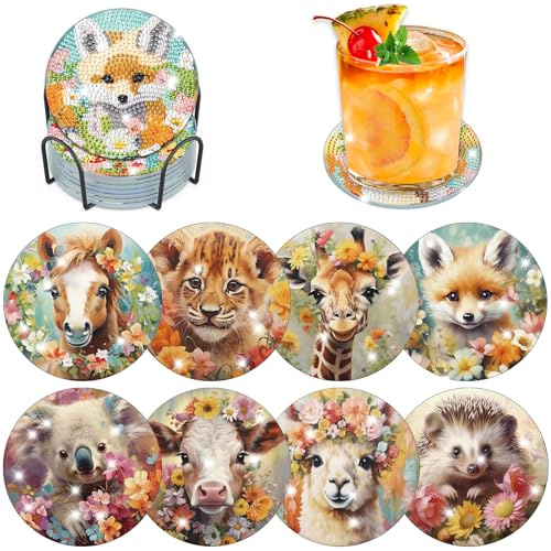 Lxmsja 8 STK Diamond Painting Untersetzer mit Halter, Diamant Tassenuntersetzer mit Kork, Tiere für Erwachsene Kinder, Basteln Bilder für Erwachsene Frauen, Tisch Deko