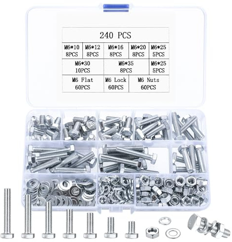 240 Pcs M6 Hex Bolt and Nut Set, With Washers, Fully Threaded
