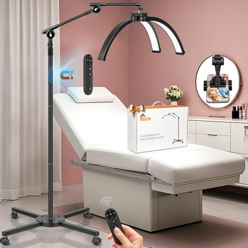 HITTI Half Moon Eyelash Esthetician Light - 2026 LED Lash Tech Lamp with 4-Wheel Rolling Base, 3 Color Modes, Dimmable Brightness & Phone Holder for Extension, Tattoo Artists, Beauty, SPA -Black