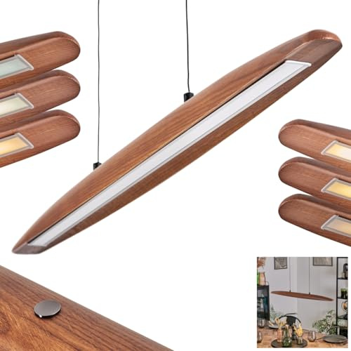 HOFSTEIN LED Pendelleuchte Fugelsta, dimmbare Pendellampe aus Metall/Holz/Kunststoff in Schwarz/Dunkelbraun/Weiß, Hängeleuchte Retro mit Holzbalken und Touchdimmer, CCT, max. 170 cm, Esszimmer, Küche