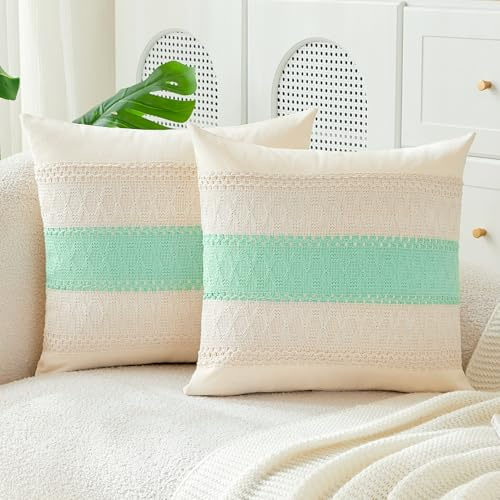 JELLYMONI Kissenbezüge Boho 40x40cm 2er Set Hellgrün Kissenhülle Gestreift Polyester Zierkissenbezüge mit Reißverschluss Dekokissen Sofakissenbezug Wurfkissenbezug für Sofa Wohnzimmer (KEIN Einsatz)
