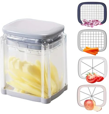 Cortador Patatas con 4 Cuchillas Acero Inoxidable, 4 en 1 Corta Patatas Fritas Manual, Picador Alimentos Versátil, Cortador Multifuncional para Cebollas Corte Rápido, Frutas, Verduras, Zanahoria