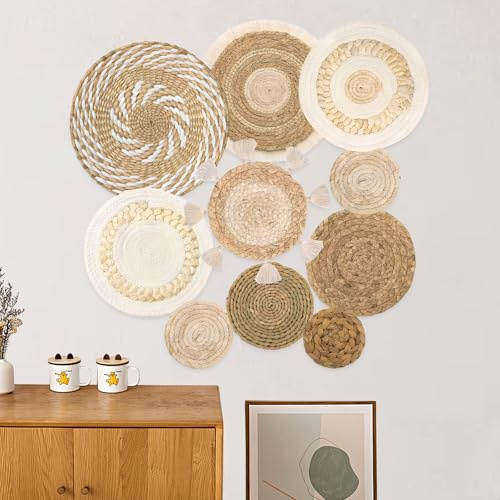 Dokeno Set di 10 Decorazione Cesto da Parete rotonde Cesti da Parete in Stile Boho Decorazioni da Muro in Rattan Buccia di mais Intrecciati per Decorazioni da Casa Agriturismo Soggiorno
