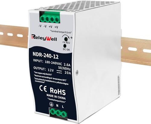 Alimentation pour rail DIN 12V,240W, 20A ; transformateur 230v vers 12v led, rail DIN, alimentation 12 volts, transformateur de sonnerie, ReleyWell, NDR-240-12