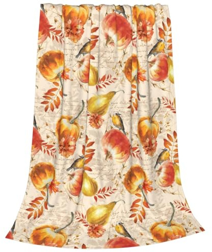 Weiche Herbstdecke, Herbst-Kürbisdecke, für alle Jahreszeiten, gemütlich, warm, leicht, Anti-Pilling, Kürbisse, Vögel, Fleecedecke, Orange, Heimdekoration für Stuhl, Sofa, Couch, Bett, Wohnheim, 150 x