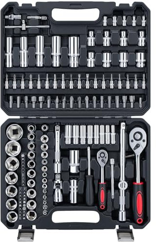 Ginour Steckschlüsselsatz 138-teiligs, Ratschenkasten mit 1/4, 1/2 Umschaltknarre, Steckschlüssel, Bitsatz, Verlängerung, Adapter Werkzeugset für Auto & Heimwerker (138 Piece)